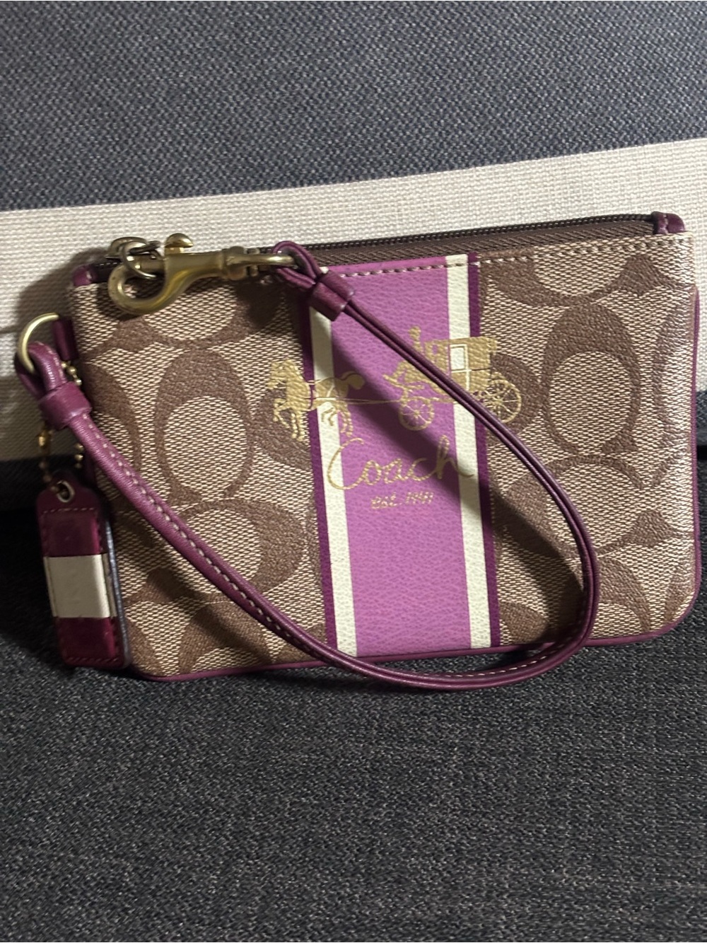 Coach Brown Signature Canvas Wristlet with Purple Stripe and Trim